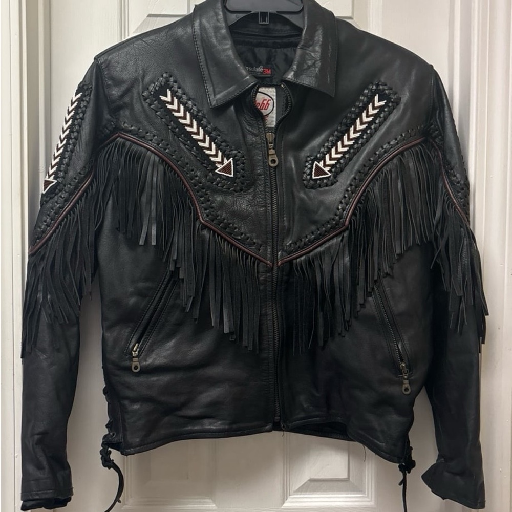 Route 66 Black Leather Jacket with Fringe and Chevron Accents